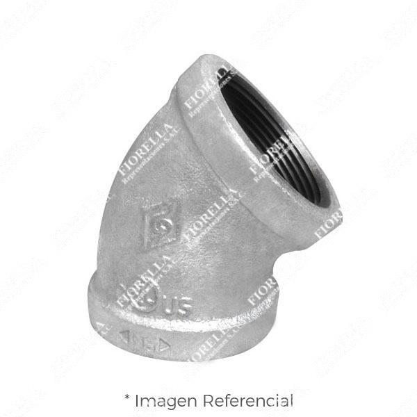 CODO (ELBOW) REFORZADO FIERRO MALEABLE GALVANIZADO A197 X 45 CLASE 150 ROSCA NPT (B1.20.1) CERTIFICACION UL/FM MOD. 120 MECH (JINAN MEIDE)