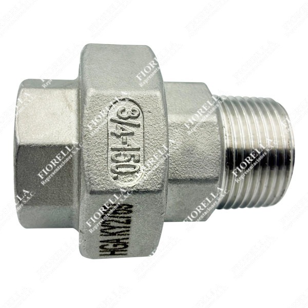 TUERCA UNION UNIVERSAL C-316 (CF8M) ASTM 351 CON ASIENTO TEFLÓN NPT MACHO / HEMBRA B1.20.1 CLASE 150 TIPO INDUSTRIAL MARCA HGA