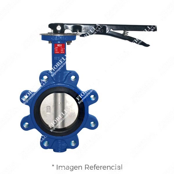 VÁLVULA MARIPOSA LUG FIERRO FUNDIDO ASTM A126 P/MONTAJE ENTRE BRIDAS ASME B16.5 CLASE 150 DISCO 316 (CF8M) ASIENTO EPDM/200 PSI (WOG) CON PLATO DE BASE PARA INSTALAR ACTUADOR ISO5211 Y SISTEMA MANUAL ON/OFF TIPO INDUSTRIAL REX