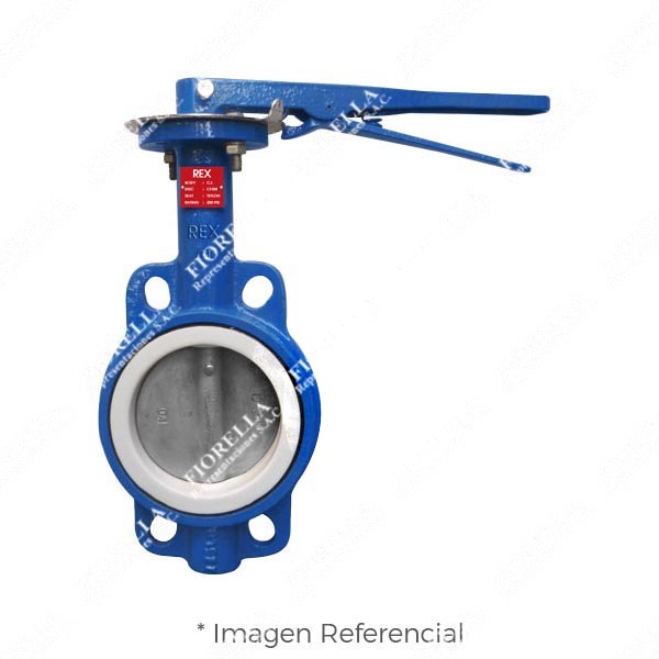 VÁLVULA MARIPOSA WAFER FIERRO FUNDIDO ASTM A126 P/MONTAJE ENTRE BRIDAS ASME B16.5 CLASE 150 DISCO 316 (CF8M) ASIENTO TEFLON (RPTFE)/200 PSI (WOG) CON PLATO DE BASE PARA INSTALAR ACTUADOR ISO5211 Y SISTEMA MANUAL ON/OFF TIPO INDUSTRIAL REX