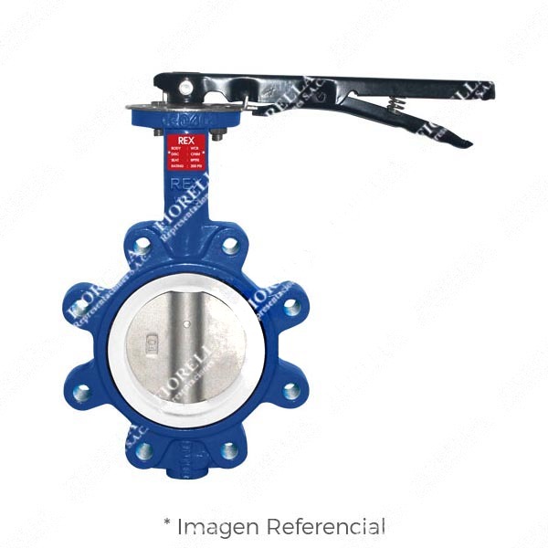 VÁLVULA MARIPOSA LUG ACERO AL CARBONO A216 WCB P/MONTAJE ENTRE BRIDAS ASME B16.5 CLASE 150 DISCO 316 (CF8M) ASIENTO TEFLON (RPTFE)/200 PSI (WOG) CON PLATO DE BASE PARA INSTALAR ACTUADOR ISO5211 Y SISTEMA MANUAL ON/OFF TIPO INDUSTRIAL REX