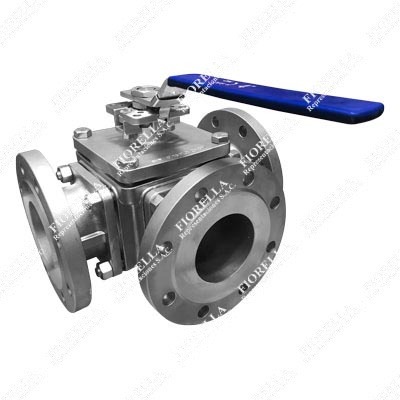 VÁLVULA ESFÉRICA O BOLA 3 VÍAS TIPO "L" INOXIDABLE 316 (CF8M) A/TEFLON MONTAJE ACTUADOR ISO 5211 CLASE 150 BRIDADA ANSI B16.5 RF PASO TOTAL TIPO INDUSTRIAL SUN